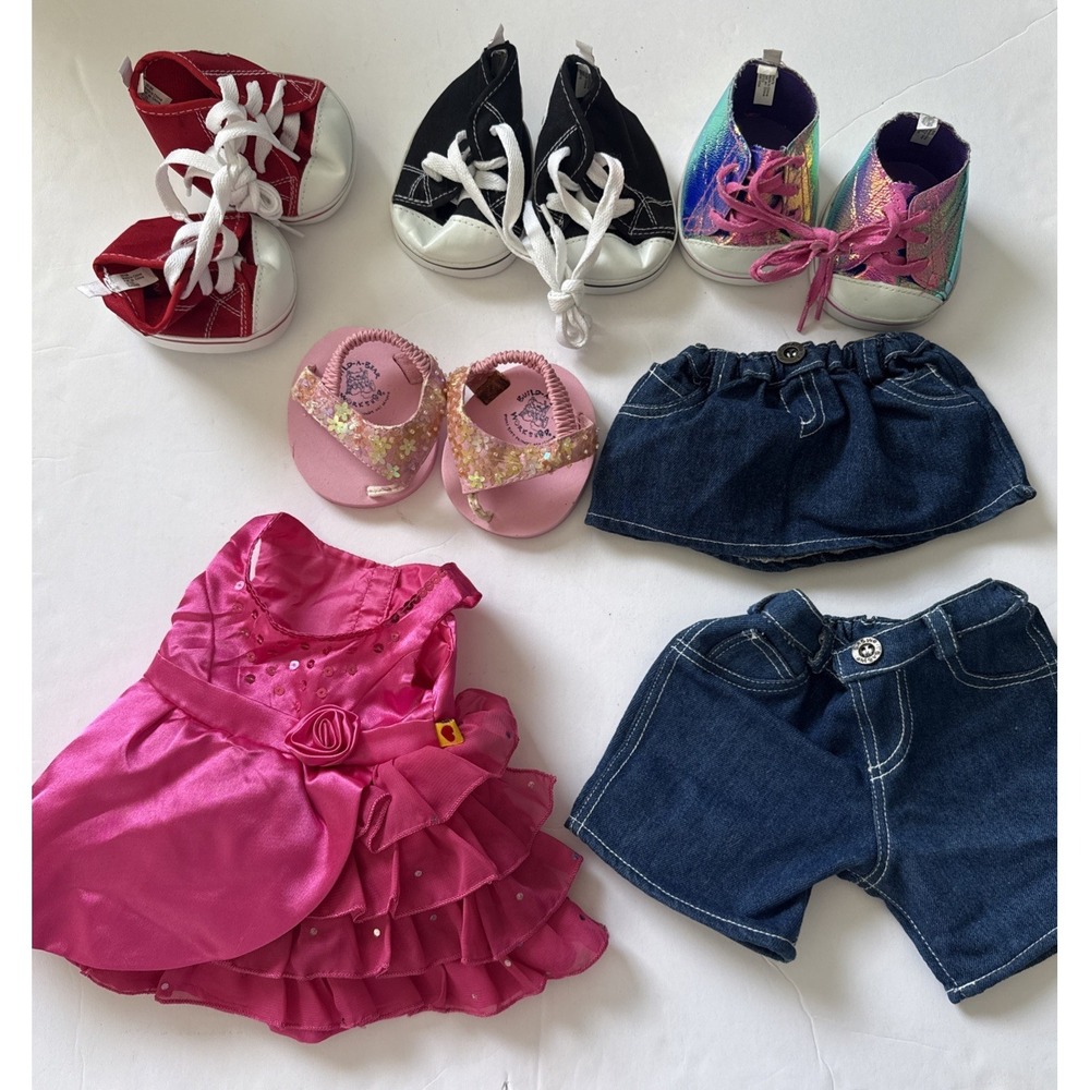 Build A Bear Clothes Shoes LOT Sneakers Jean Shorts Skirt Pink Fancy Dress 7 Pcs
